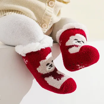 Сладки Зимни Детски Коледни чорапи с анимационни модел, Дебели памучни топли детски чорапи за новородено, Нескользящие Детски чорапи за 0-4 години