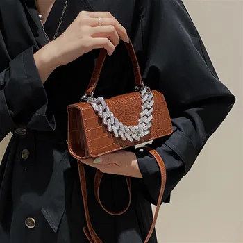 Квадратна чанта с петна от крокодилска кожа, Зимни Нова качествена дамска дизайнерска чанта от изкуствена кожа, Реколта чанта на рамото, марка