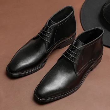 Мъжки кожени обувки Martin от телешка кожа удобни Зимни черни прости модни кожени ботильоны дантела в английски стил, с висока горна част
