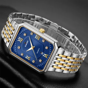 Луксозни Златисто-сини часовници За мъже на Най-добрата Марка Кварцов ръчен часовник Творчески Правоъгълник Диамантени Часовници Водоустойчиви Relogio Masculino