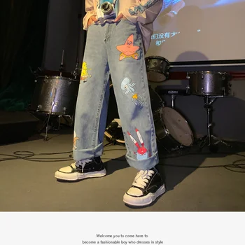 Мъжете и жените Преки Свободни Есенни дънки в корейски стил с анимационни принтом Панталони Уличен хип-хоп Красиви панталони с девет точки на Мода