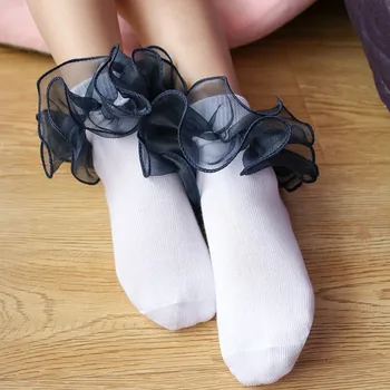 Детски танцов чорапи Латиноамерикански танци дантелени чорапи с къдри чорапи за момичета, детски бели чорапи принцеса танцови чорапи