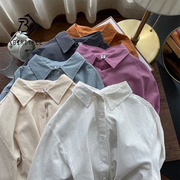 Пролетни дамски основни извънгабаритни памучни бели ризи гаджето си с ръкав 