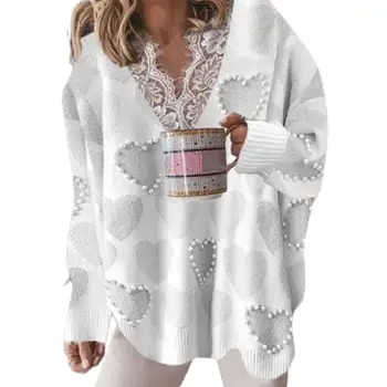 Жена пуловер с голям размер с V-образно деколте, завързана лоскутный разпечатки във формата на сърце, дамски пуловер, вязаный пуловер, дамски пуловери, модни дамски дрехи