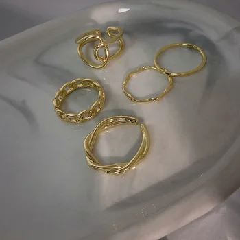 Bilandi бижутата и 5 бр. Комплект пръстени 2021 Нова тенденция златно Метално покритие Кръгли кухи геометрични Дамски пръстени за пръстите на Подарък за парти