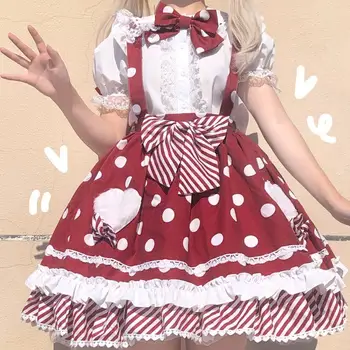 NONSAR Сладко момиче с Каишка Облечи Лолита Ежедневното Kawaii JSK Шифоновое дантелено сладка женствена мини рокля с лък ирисок