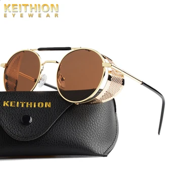 Слънчеви очила KEITHION в стил Steampunk за мъже и жени Поляризирани Ретро Кръгла Странична щит Реколта метална рамка Кроули със защита UV400