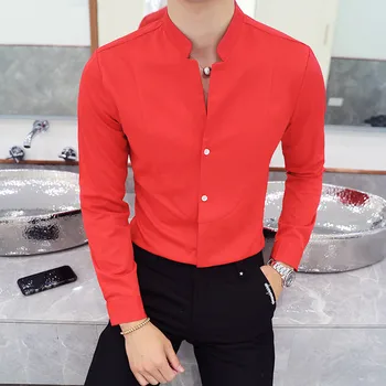 2019 Нова мода Шев Бутик Плътен Цвят Яка-часова Мъжки Ежедневни Риза с дълги ръкави / Мъжки Тънка Риза Голям Размер M-5XL