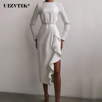 2022 Ново секси рокля миди с висока цепка За жени вечерна рокля с волани Женски ежедневното коварен пролетта офис бяла рокля с дълъг ръкав