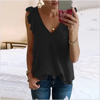 2021 Лятна мода Блузи без ръкави за жени Шик обикновена секси тениска с дълбоко V-образно деколте за жени Mujer Camisetas Плюс Размер 5XL