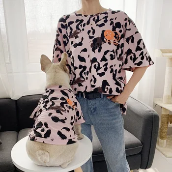 Модни леопардовая облекло за родители и деца, Подходящо Облекло за домашни любимци за Френски Булдог, летни дрехи за кучета, Тениски, Дрехи за вашето кученце