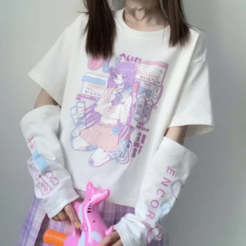Японското Аниме Тениска с дълъг ръкав Топ с цип Тениска JK за момичета Сладко облекло памучен тениска За жени Harajuku мультяшные върхове с принтом
