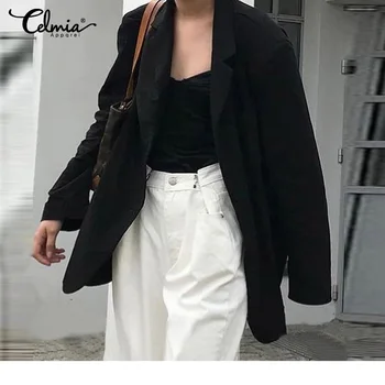 Градинска облекло За жени, Сако с дълъг ръкав Celmia 2022 Ежедневни памучни леки дълги костюми Модерен костюм Яка Джобовете на Палтото голям размер