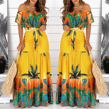 Модни дамски обувки с отворени рамене Макси Рокля за партита Празнична облекло Ваканция на Тропически принт Дълга рокля