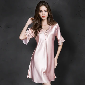 Страхотен дамски копринени пижами Лятна нощница Секси бельо Розова нощница за жени Сатенени ризи за сън Ризата на Нощта рокля