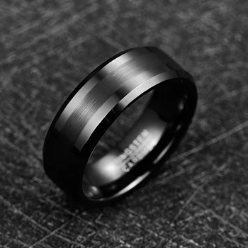 NUNCAD 8 мм Пръстен от волфрам карбид Черно Диамантен годежен пръстен с матирано център Мъжки пръстен със скосен ръб Комфорт Отговаря на Размера 7-12