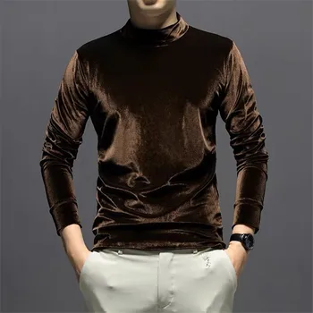 Велур мъжка тениска 2020 Пролет Есен Мъжко поло с дълъг ръкав от Кадифе офис върховете Модни градинска тениска M-7XL