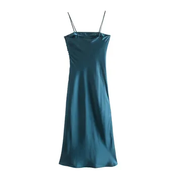 ТРАФИКА Za-Секси синя рокля-комбинация Женски атласное рокля с рюшами 2021 Елегантни вечерни рокли Midi Модни вечерни рокли с плисета и отворен гръб