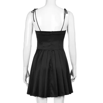 СЕЗОНИ Черно однотонное атласное плиссированное мини-рокля За жените, Тъмен академична готически дрехи без ръкави Секси летни рокли с рюшами ASDR82844