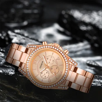 Модерен дамски часовник Женева Луксозни Часовници е От Неръждаема Стомана С Кристали Часовници Подарък Зегареку Дамски