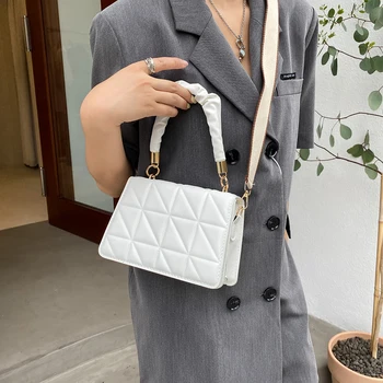 Модни дамски нагънат чанта през рамо с дръжка, с решетеста модел чанта-месинджър, Ежедневни дамски чанта от изкуствена кожа, однотонная чанта с капак