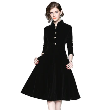 Однотонное черно женско бархатное рокля с зимен шал яка подпора, женски трапециевидные дебели рокли, тънка рокля до коляното, женски офис женски външни рокли