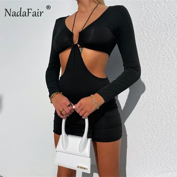 Nadafair Сексуално дебнещ рокля с изрезки, черна рокля с бретельками, дамски дрехи за фестивала 2021 г., Клубни костюми, есен мини рокля с дълъг ръкав