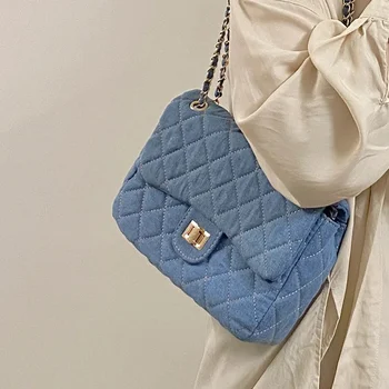 Ретро Деним чанта Таблетка на рамото Дамски дънки Верига Чанта през рамо Лутане Ниша Дизайнерска чанта-месинджър за жени, Дамски чанта