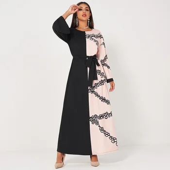 MAI&FUN Ново лятно-секси дълга рокля с принтом, черно и розово, в стил мозайка, Кръгъл отвор, широк колан, Трапециевидные елегантни ежедневни рокли с дълъг ръкав