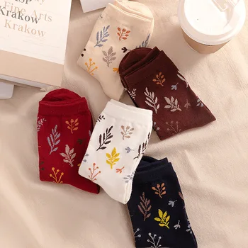 Ретро Есен зима Дамски чорапи с растително принтом Harajuku Реколта чорапи със средна дължина за дама от мек памук Корейски дълги чорапи, за секс