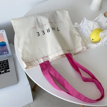 Нова дамски памучен чанта на рамото на корейския студент с буквенной печат Проста женска чанта Ежедневни Множество чанта за пазаруване с Голям Капацитет