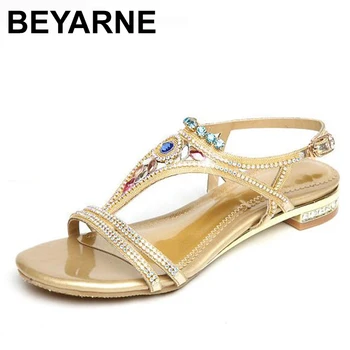 BEYARNE 2018 Нов Естествена кожа Планински кристал, Златна обтегач Модни летни обувки на среден ток за момичета Дамски дамски дамски сандали