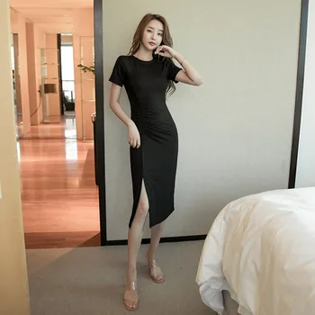 Плиссированное лятна рокля с цепка на тънка талия За жени 2021 Корейското ежедневното однотонное рокля миди с къси ръкави, Нова дамски дрехи