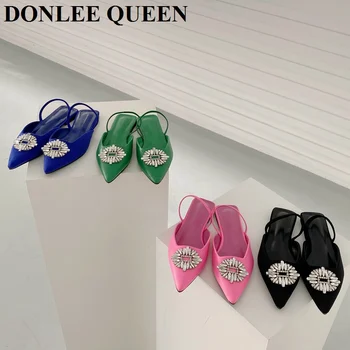 Нова марка Дамски сандали Луксозни Кристални сандали на равна подметка с остри пръсти Муле Приплъзване на Пързалки с кристали Обувки за почивка Голям Размер 41 Mujer