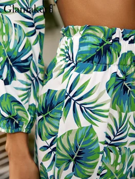 Гламакер палмова лист с принтом плаж бохо 2 бр. костюми за жени, обвързани в гърдите съкратен топ и къси панталони трапецовидна форма Празнични къси панталони и комплекти