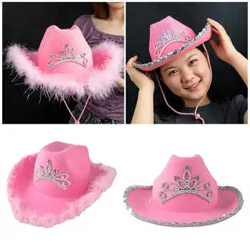 Ковбойская шапка в западен стил Розова дамски модни вечерна парти с широка периферия с украшение в Короната Диадема Шапка наездницы