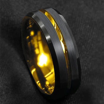 Мода 8 мм За мъже Black Волфрам Годежен пръстен, Пръстени Златни Бразда Скосен Ръб на Годежен пръстен За мъже, Подарък за Свети Валентин-Безплатна доставка