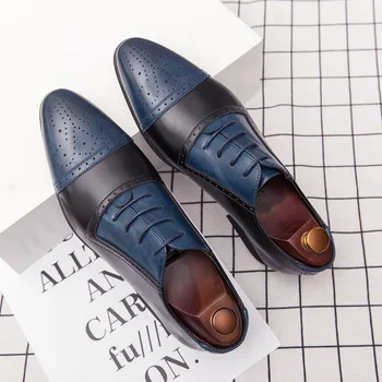Нов Бълок Издълбани заострени кожени обувки Мъжки Британски бизнес официални ежедневни обувки Мода Големи размери от 48 Мъжки обувки за фризьор