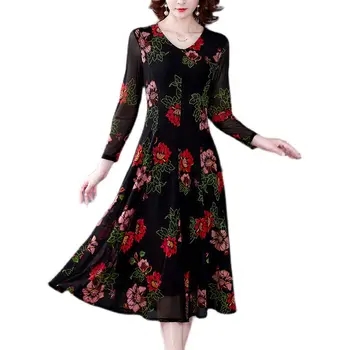 Винтажное рокля от полиестер с копринен принтом За жени Есен-зима Висококачествена мода с дълъг ръкав и цветен модел Елегантна рокля M529
