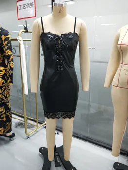 2021 Лятна мода За жени Секси дантелено срастване Тапицерия Изкуствена кожа Черна мини-рокля дантела