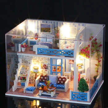 Направи си САМ Куклена къща Дървени Куклени къщи Миниатюрен Комплект мебели за куклена къща с led играчки за деца Коледен подарък Цветна кутия