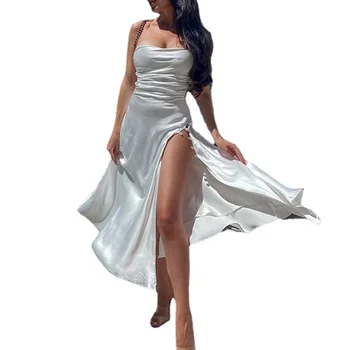 Секси елегантна атласное дебнещ вечерна рокля с отворен гръб, женствена рокля миди с цепка, без ръкави рокля, Спагети, Бяла коприна дълга рокля