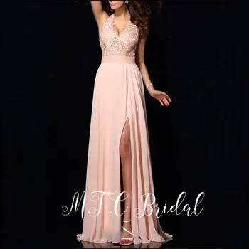 Секси розова вечерна рокля с дълбоко V-образно деколте и висока цепка с отворен гръб, дантелено шифоновое дълго женствена рокля 2019, Горещи продажба на арабските абитуриентски рокли евтино