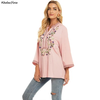 KHALEE YOSE Розова блуза с цветна бродерия на Ризата е от памук Годишна Мексиканска женска риза Плюс Размер 2xl 3Xl Етническа женска риза Boho