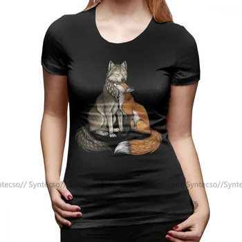 Тениска с такива двойка Тениска с вълци и лисици ръка Градинска дрехи с къс ръкав Дамски тениска Сребриста голям размер, с кръгло деколте памучен дамски тениска