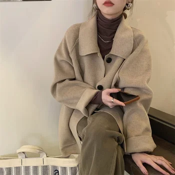 Вълнена Дамско палто със средна дължина Есен Ново Свободно вълна палто Зимно палто Камила Корейското модно Вълнена Палта и Якета
