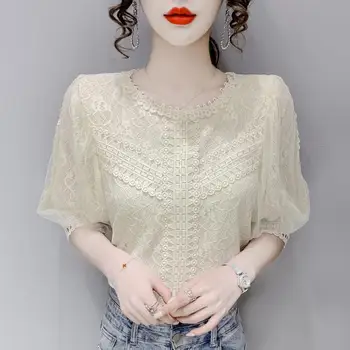 Лейси блуза дамска лятна мода 2021 година една нова свободна корейската версия на универсална блуза с бродерия с пищни ръкави шифоновая риза