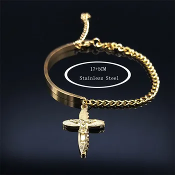 Гривна от неръждаема стомана с Християнски Кръст на Исус Гривни за жени Гривни златен цвят Бижута гривни mujer moda B6011S05