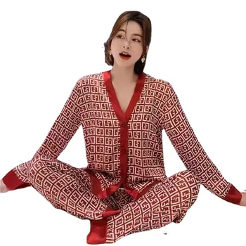 Дамски пижами Пижама с дълъг ръкав Копринени пижами Секси домашно облекло Пижами Пижами за почивка от 2 теми Дамски нощен пижами
