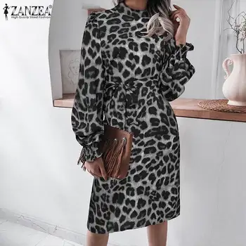2021 ZANZEA Есен женствена рокля с дълъг ръкав и кръгло деколте с леопардовым принтом, копчета, Работа, OL, Vestidos, модерен случайни секси халат бохемски